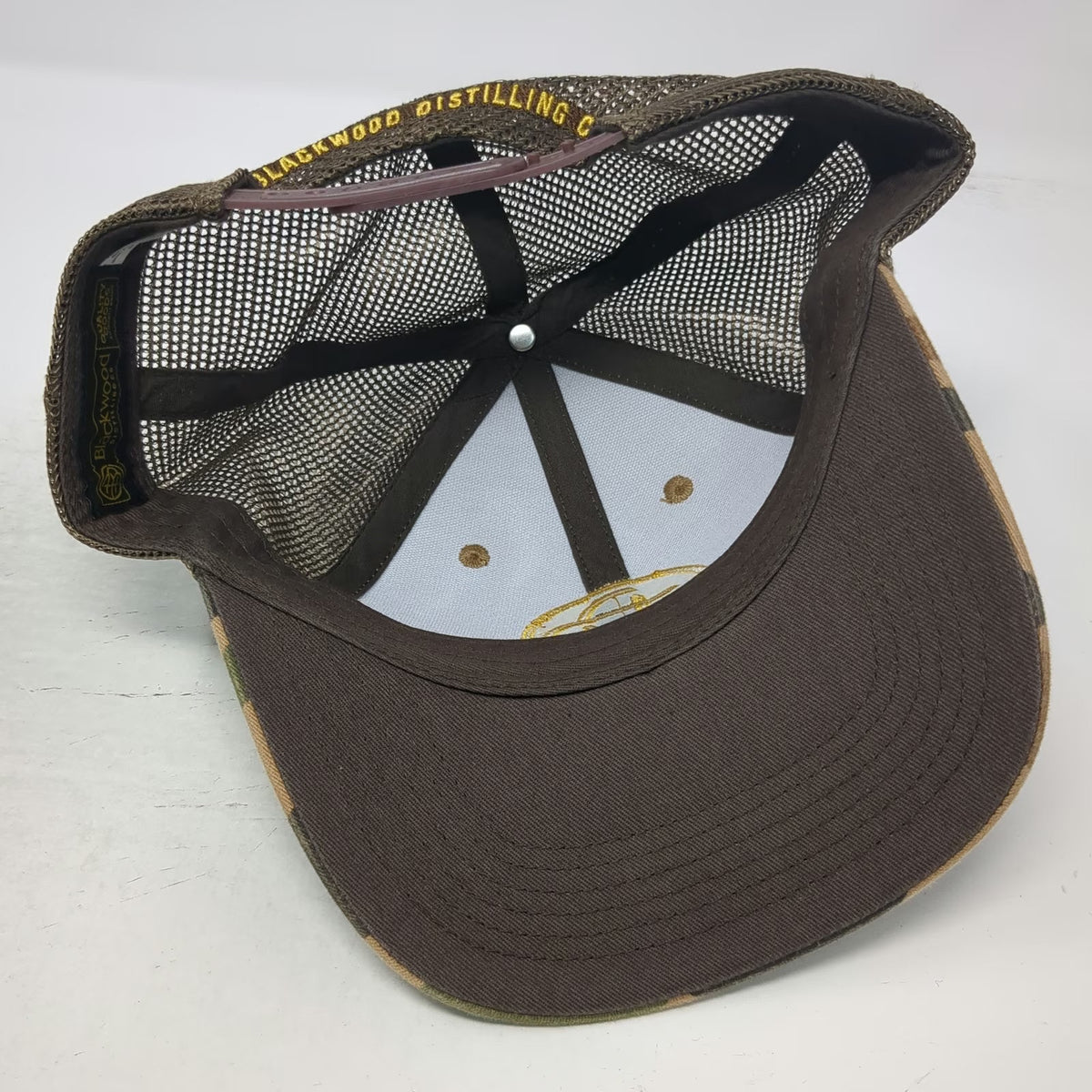Blackwood Distilling Co. Trucker Hat Brown Camo One Size Mesh Back Gold Logo Hat