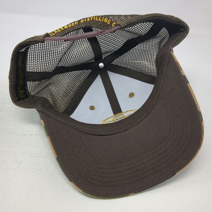 Blackwood Distilling Co. Trucker Hat Brown Camo One Size Mesh Back Gold Logo Hat