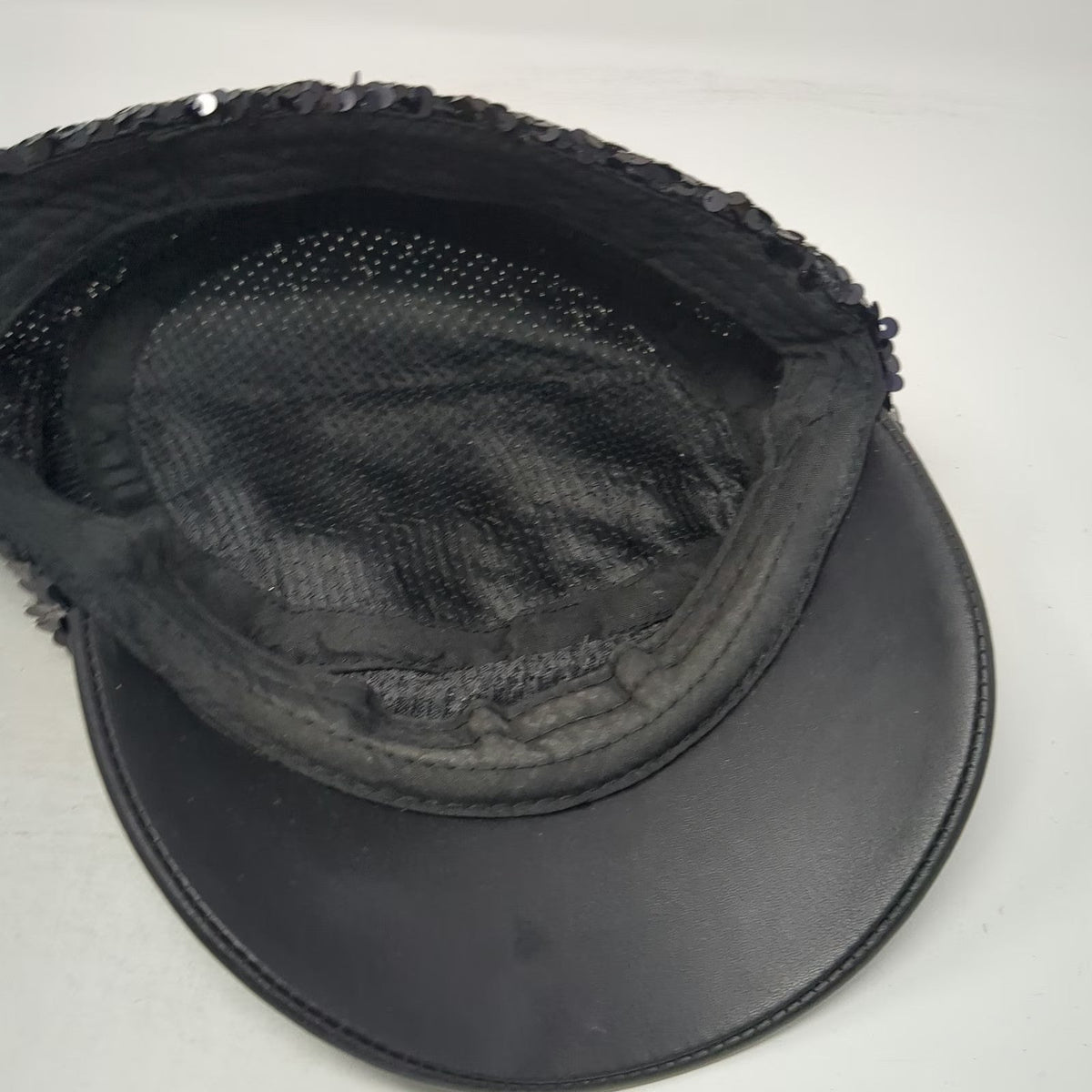 Army Cap Black One Size Sequin Faux Leather Bill Shiny Sparkle Bling Cadet Hat