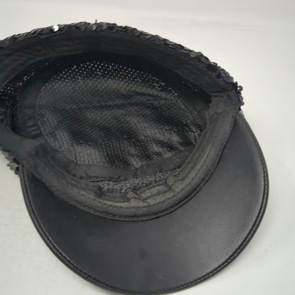 Army Cap Black One Size Sequin Faux Leather Bill Shiny Sparkle Bling Cadet Hat