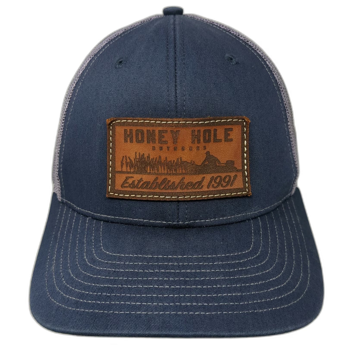 Richardson 112 Trucker Hat Blue Gray One Size Honey Hole Outdoors Leather Patch