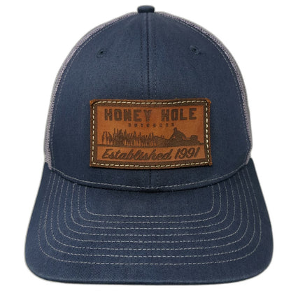 Richardson 112 Trucker Hat Blue Gray One Size Honey Hole Outdoors Leather Patch