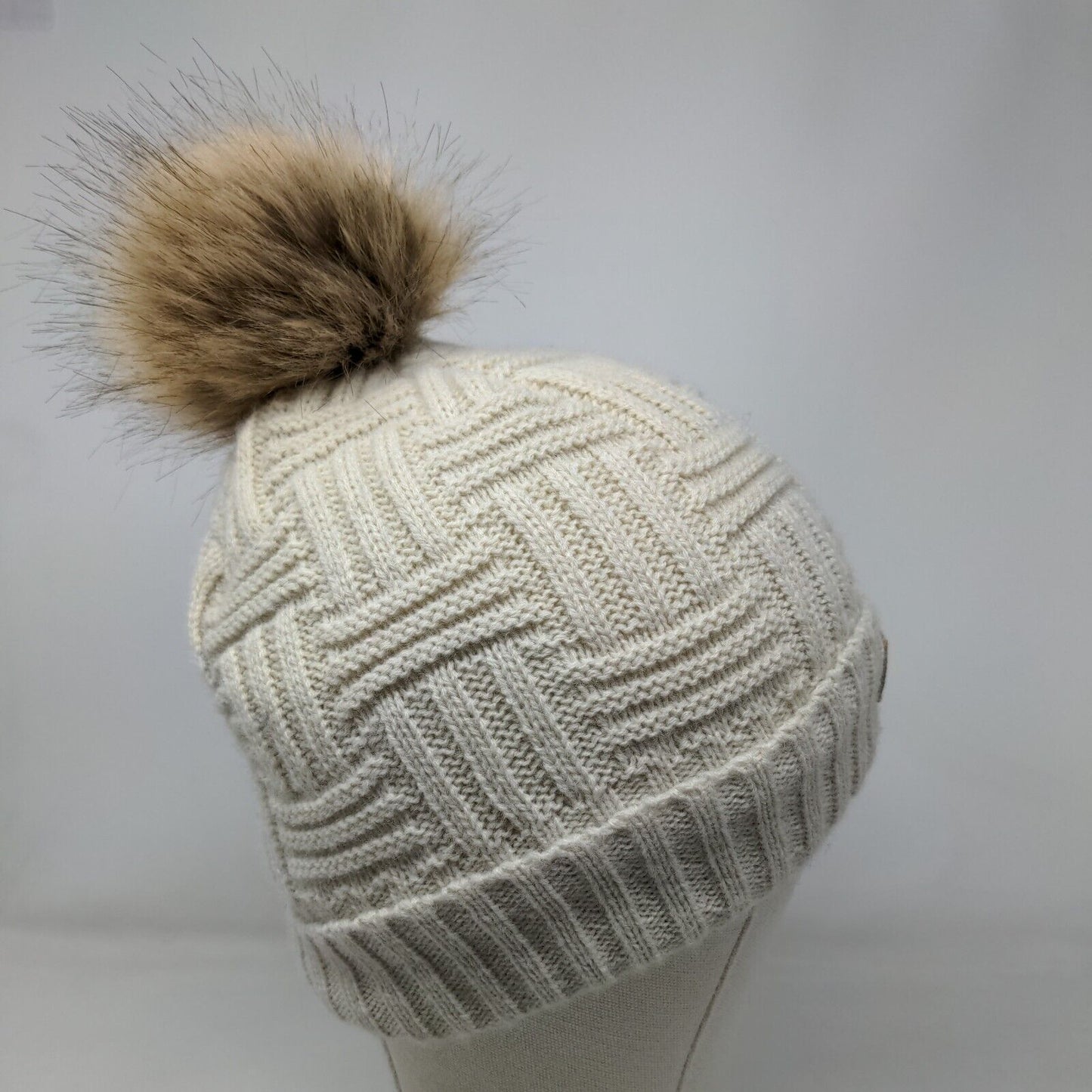 Britt's Knits Beanie Hat Cream One Size Hand Knitted Faux Fur Pom Pom