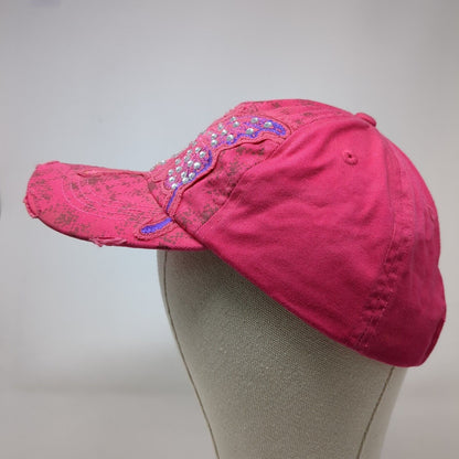 Butterfly Rhinestone Bling Slideback Hat Pink One Size Adjustable Distressed