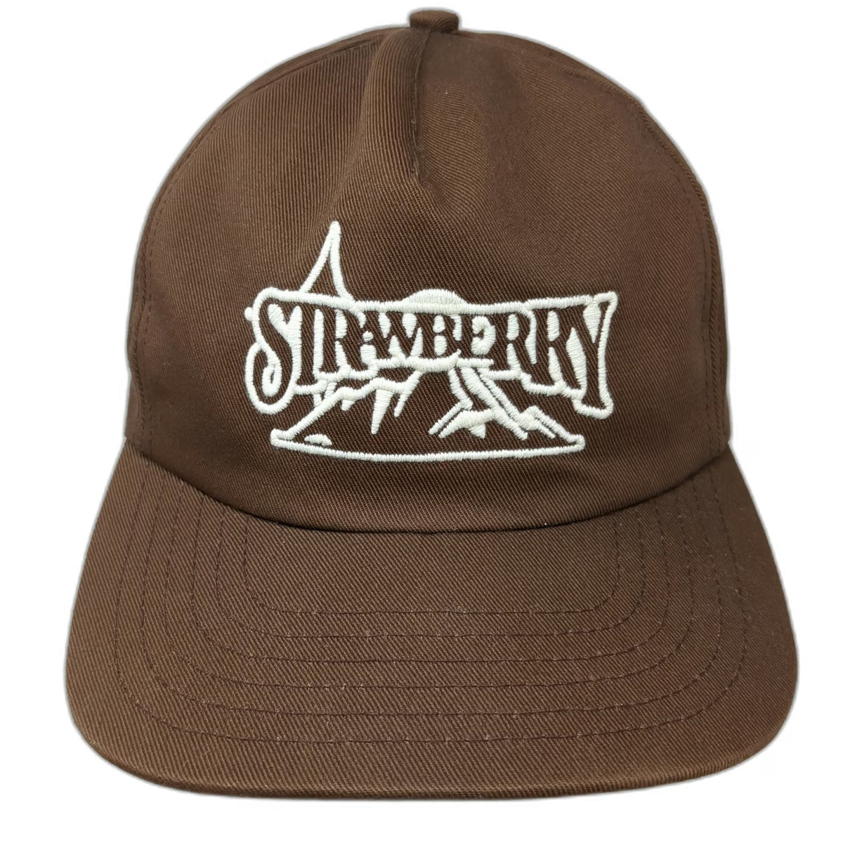 Strawberry 5 Panel Brown White One Size Snapback Mountain Logo Flat Brim Hat
