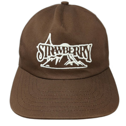 Strawberry 5 Panel Brown White One Size Snapback Mountain Logo Flat Brim Hat