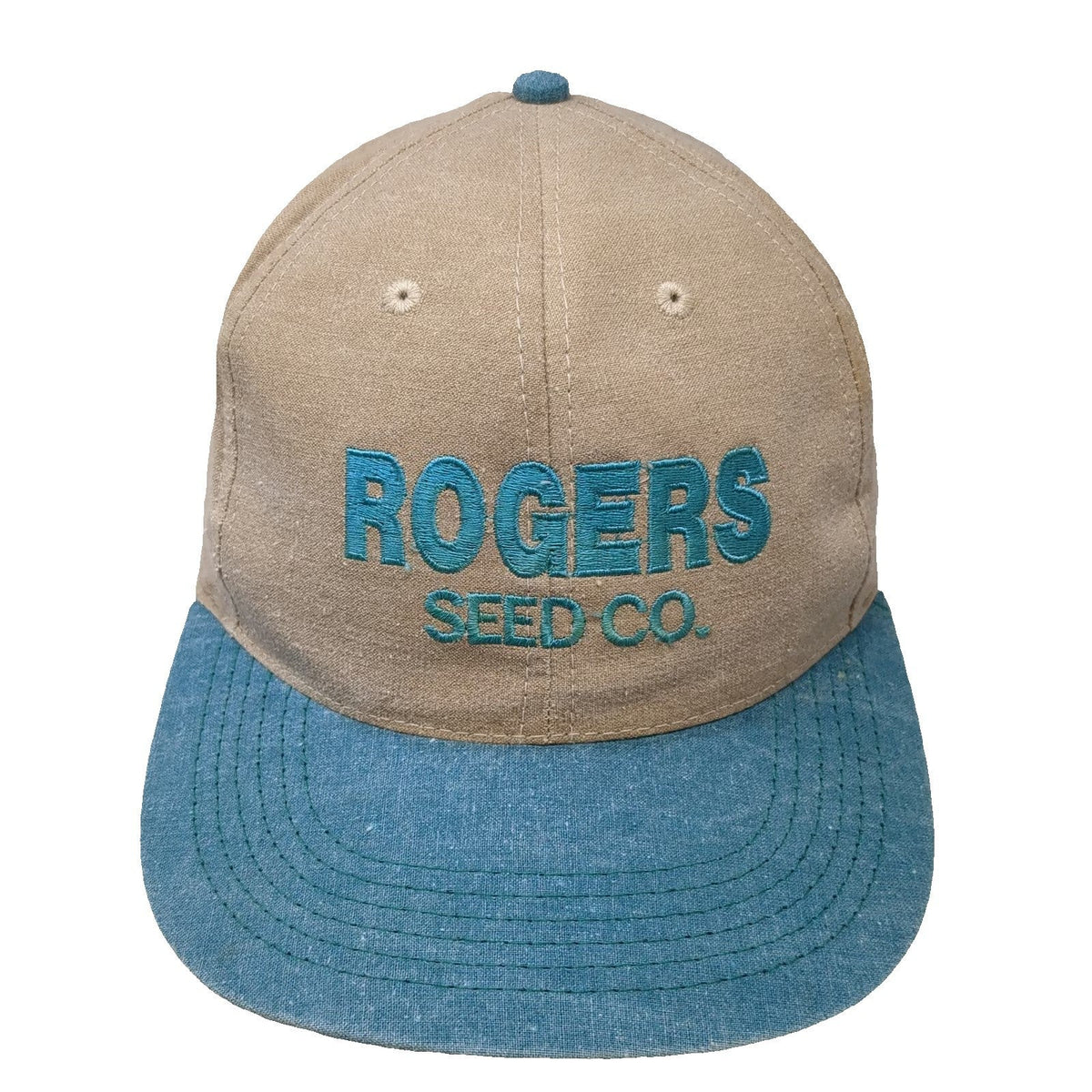 Rogers Seed Co Snapback Hat Beige Blue One Size Made in USA Canvas Denim Work