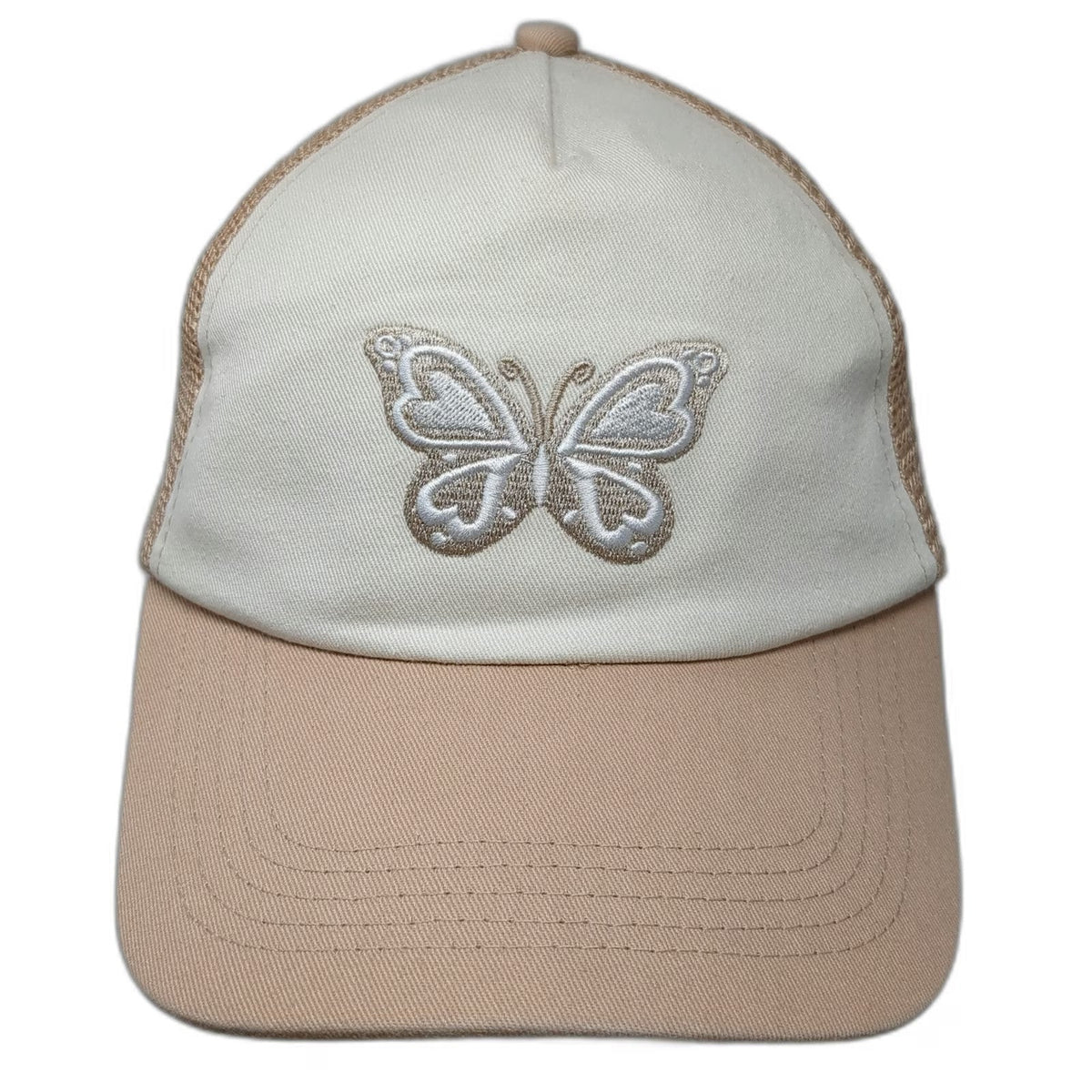 H&M Divided Trucker Hat Beige One Size Mesh Back Embroidered Butterfly Snapback
