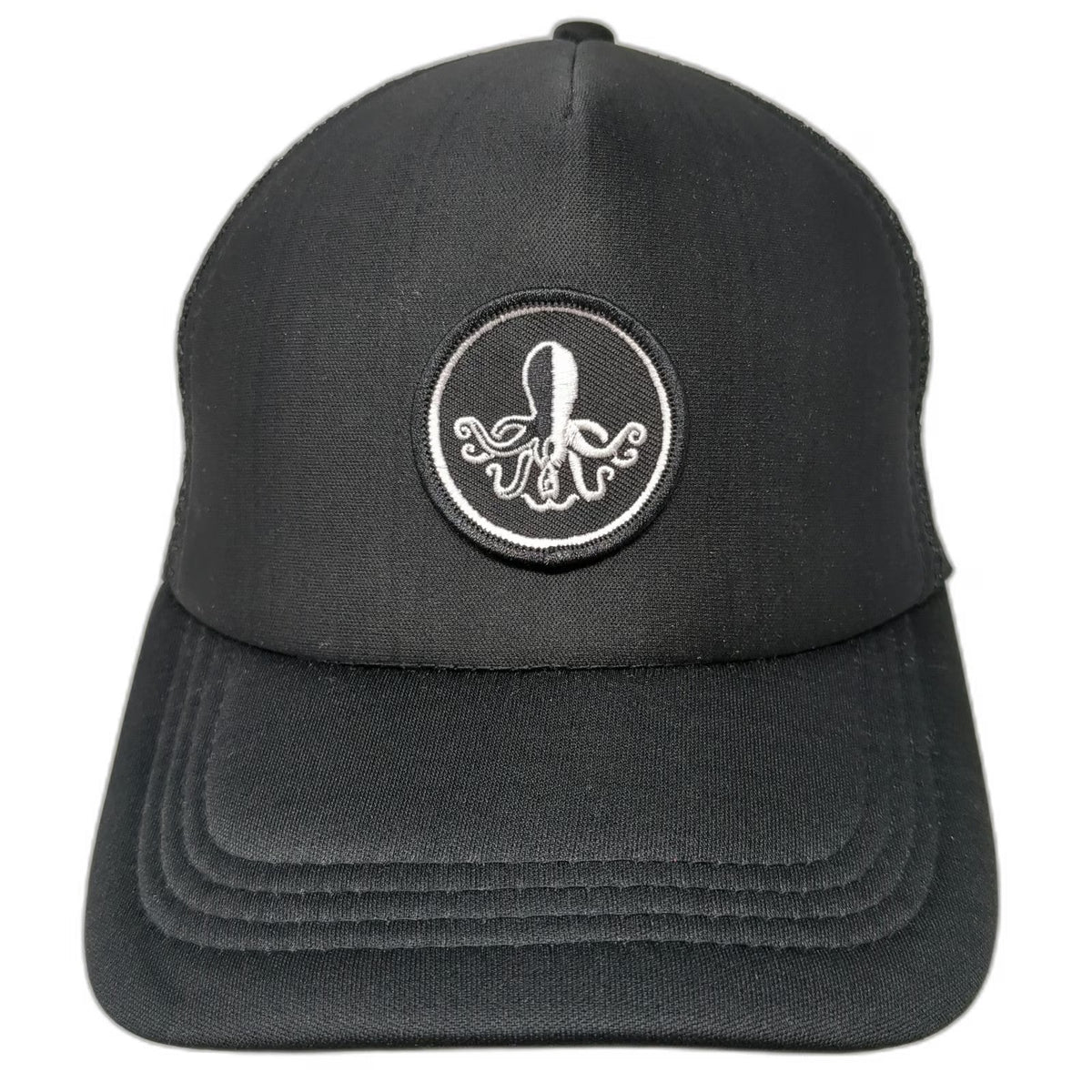Black Trucker Hat One Size Mesh Back Snapback Octopus Patch Circular Logo