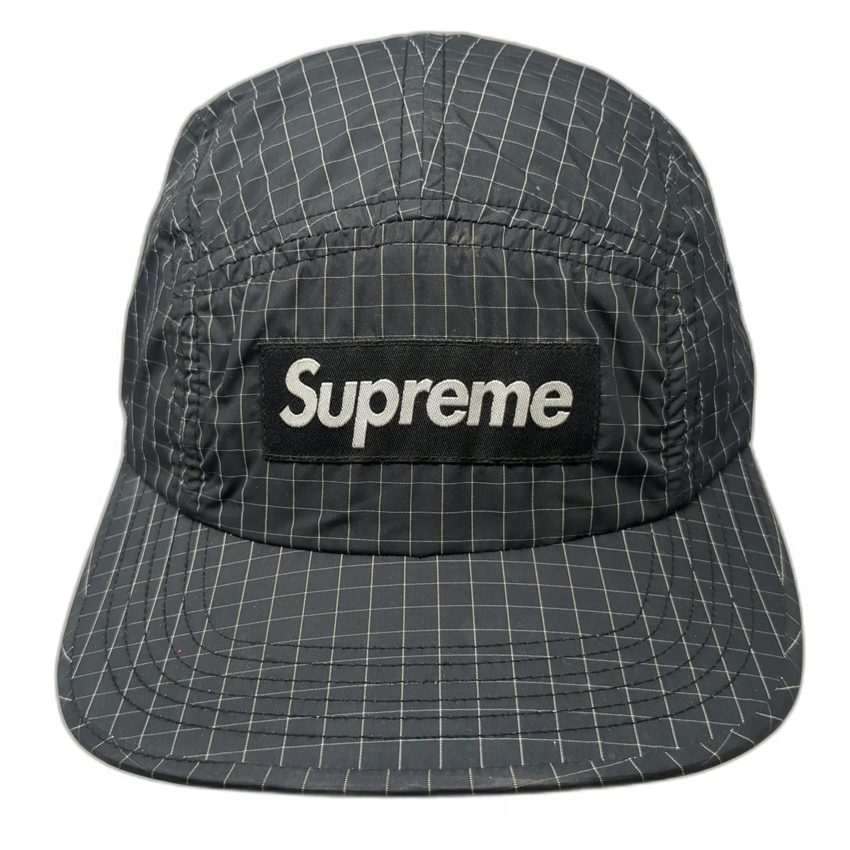 Supreme 5 Panel Black Hat Grid Pattern Drawstring Box Logo Made in USA Vintage