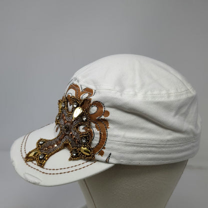 KBETHOS Army Cap White OSFM Beaded Cross Rhinestone Distressed Brown Gold Hat