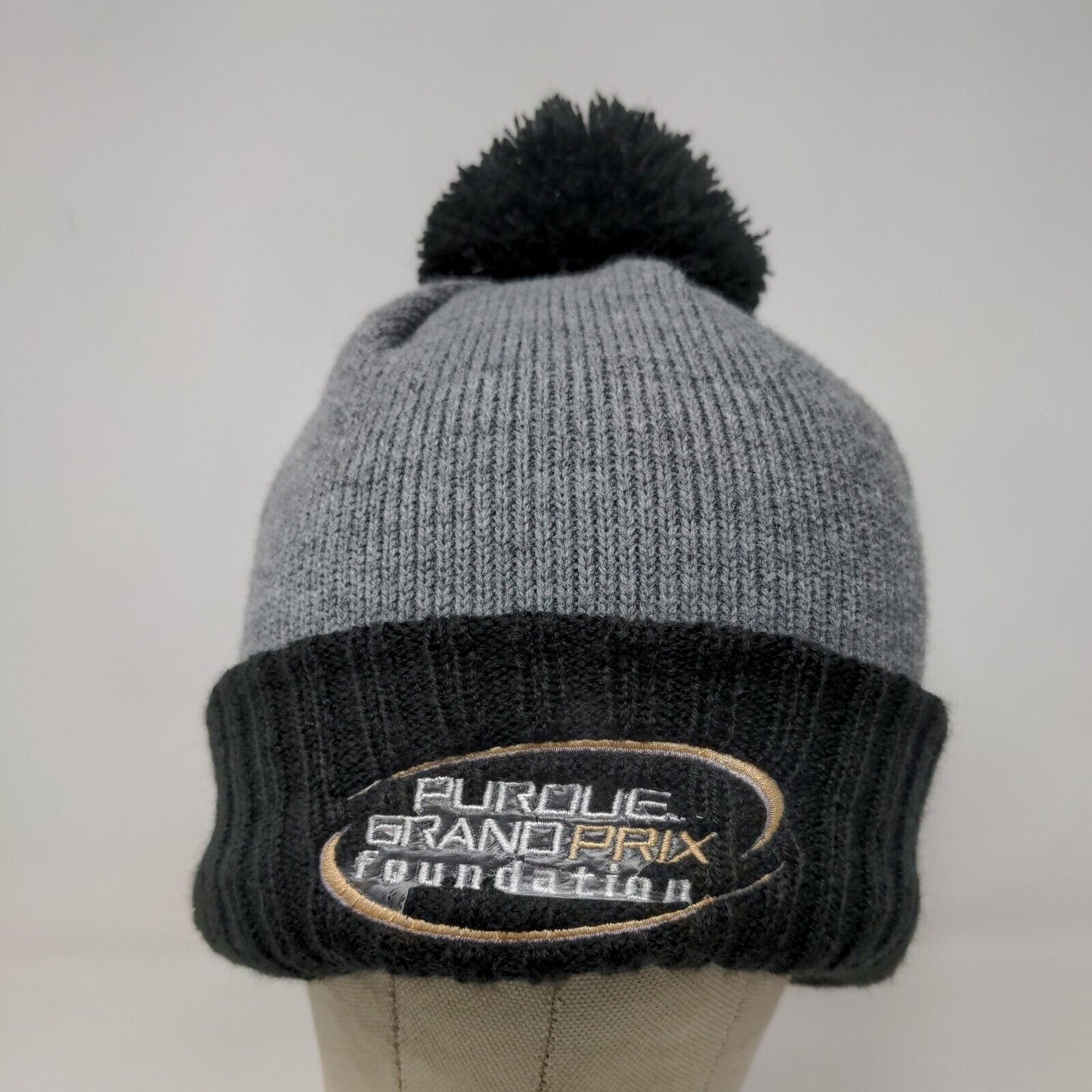 New Era Mens Knit Beanie Hat Gray Black Embroidered Purdue Grand Prix Foundation