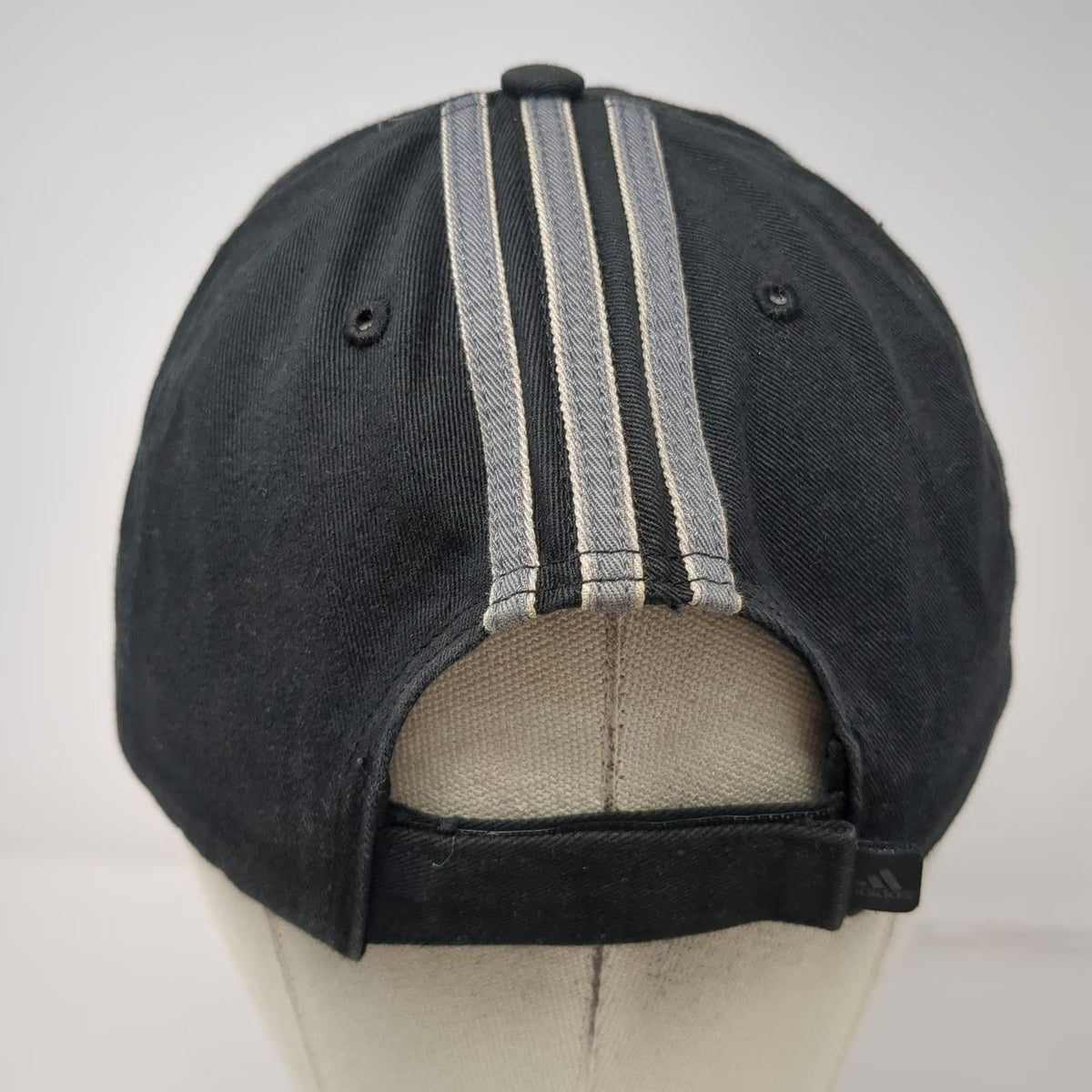 adidas Baseball Cap Black One Size 3-Stripes Strapback Cotton Logo Hat Gray Trim