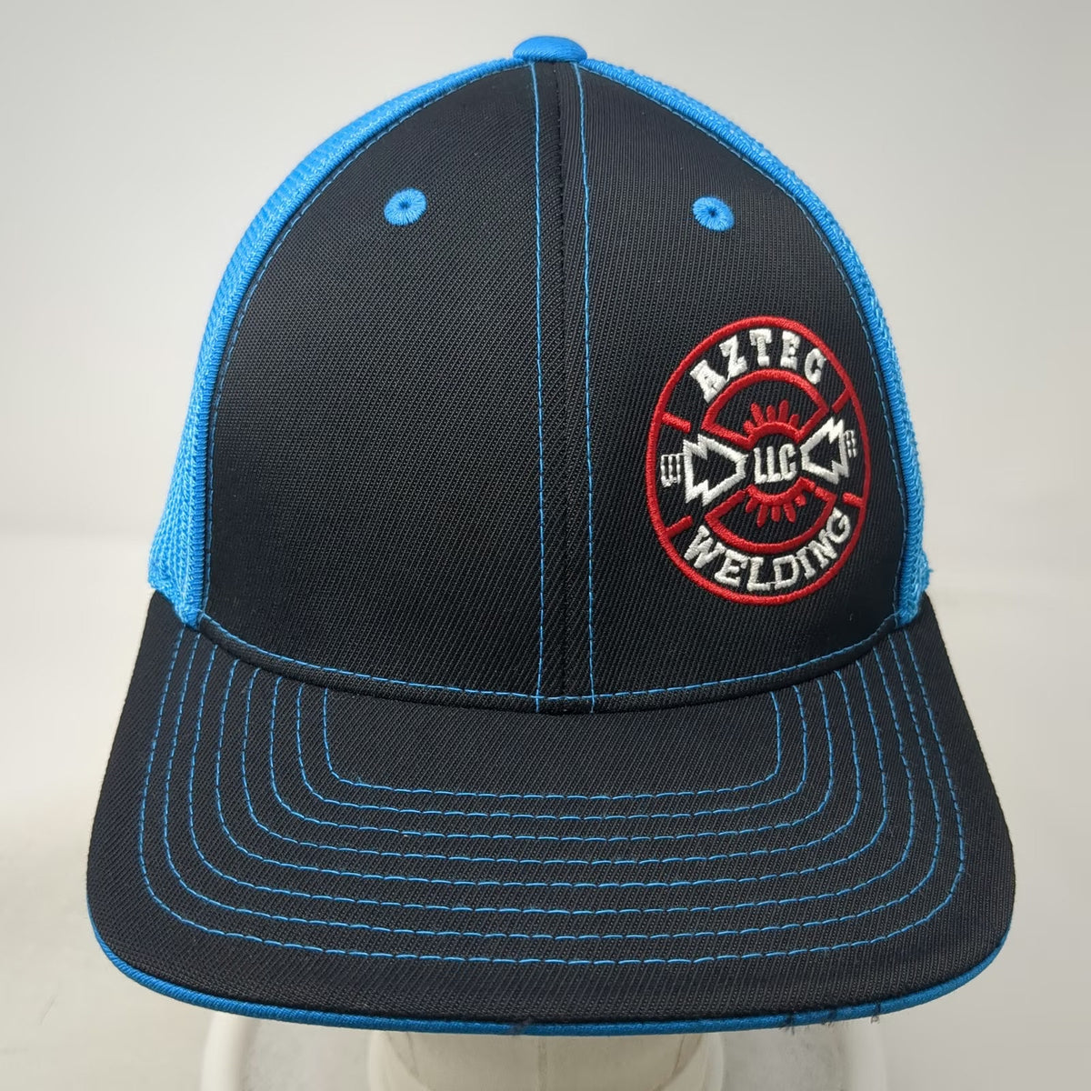 Pacific Headwear Baseball Cap Black Blue Size 8 Mesh Flexfit Aztec Welding Hat