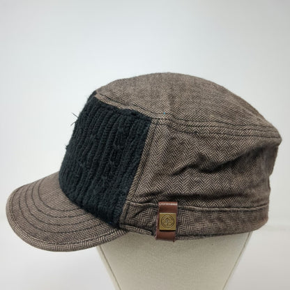 Globalone Brown Army Cap L XL Knit Front Herringbone Pattern Stretch Fit Hat