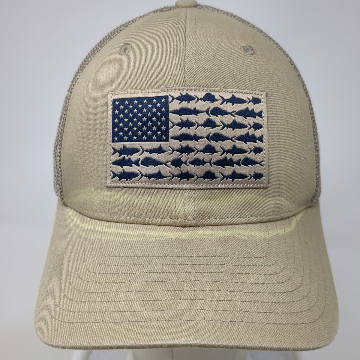 Columbia Baseball Cap Beige XL Mesh Back PFG Fish Flag Fishing Stretch Fit Hat
