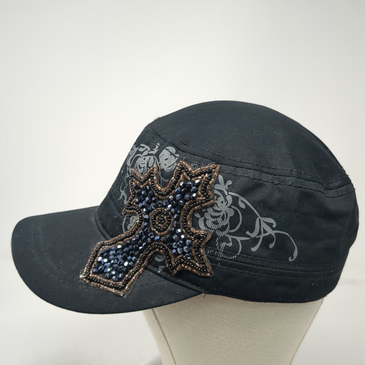 Army Cap Black OSFM Beaded Cross Floral Graphic Embellished Fashion Cadet Hat