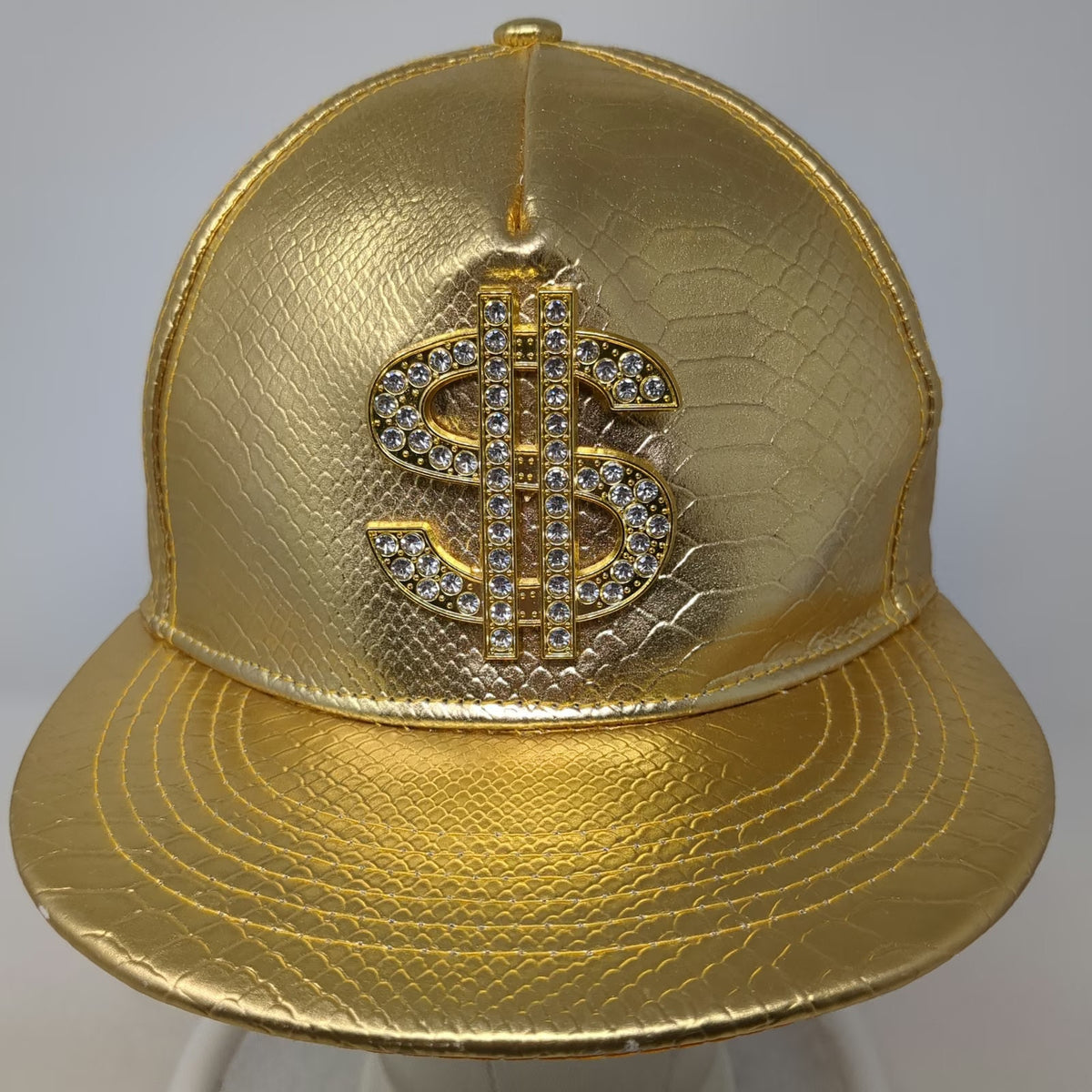 Yellow 5 Panel One Size Metallic Rhinestone Dollar Sign Snakeskin Flat Brim Hat