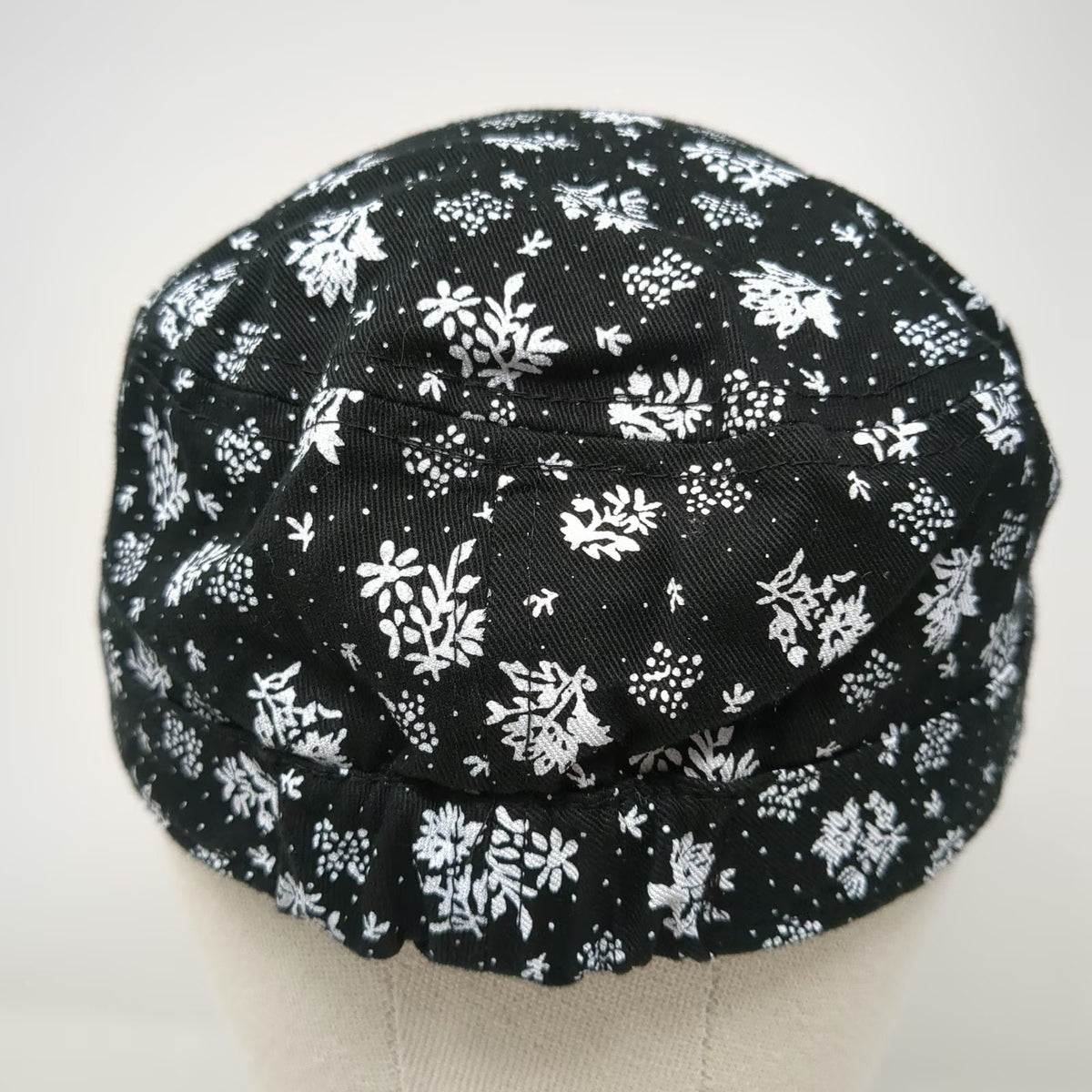 Army Cap Black White One Size Floral Polka Dot Print Side Buttons Gathered Hat