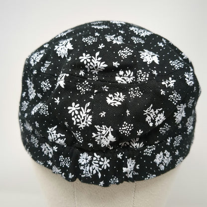 Army Cap Black White One Size Floral Polka Dot Print Side Buttons Gathered Hat
