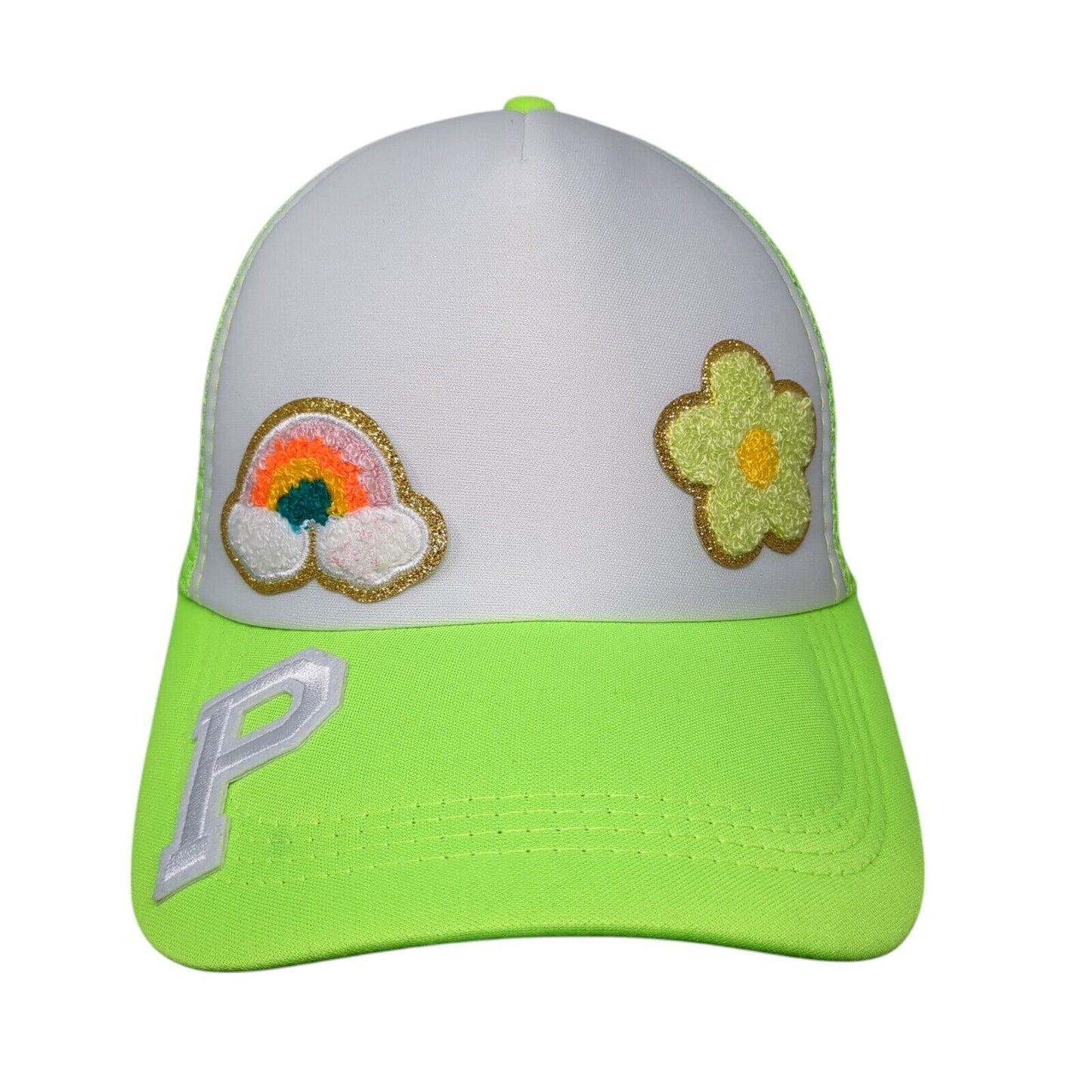 Rainbow Flower Patch Snapback Trucker Hat Green OSFA Adjustable Mesh Back