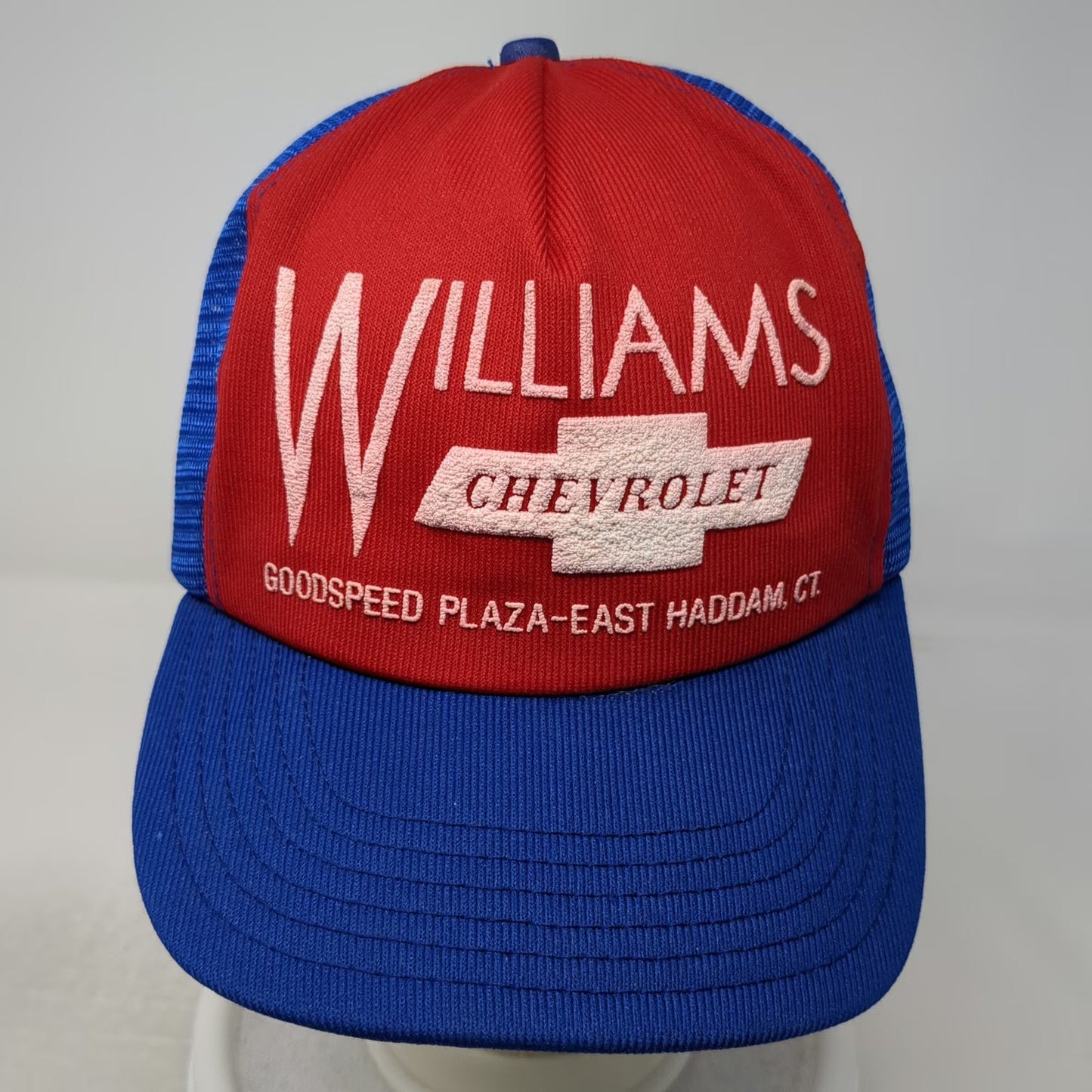 Newco Red Blue Trucker Hat OS Williams Chevrolet Dealer Mesh Snapback Vintage