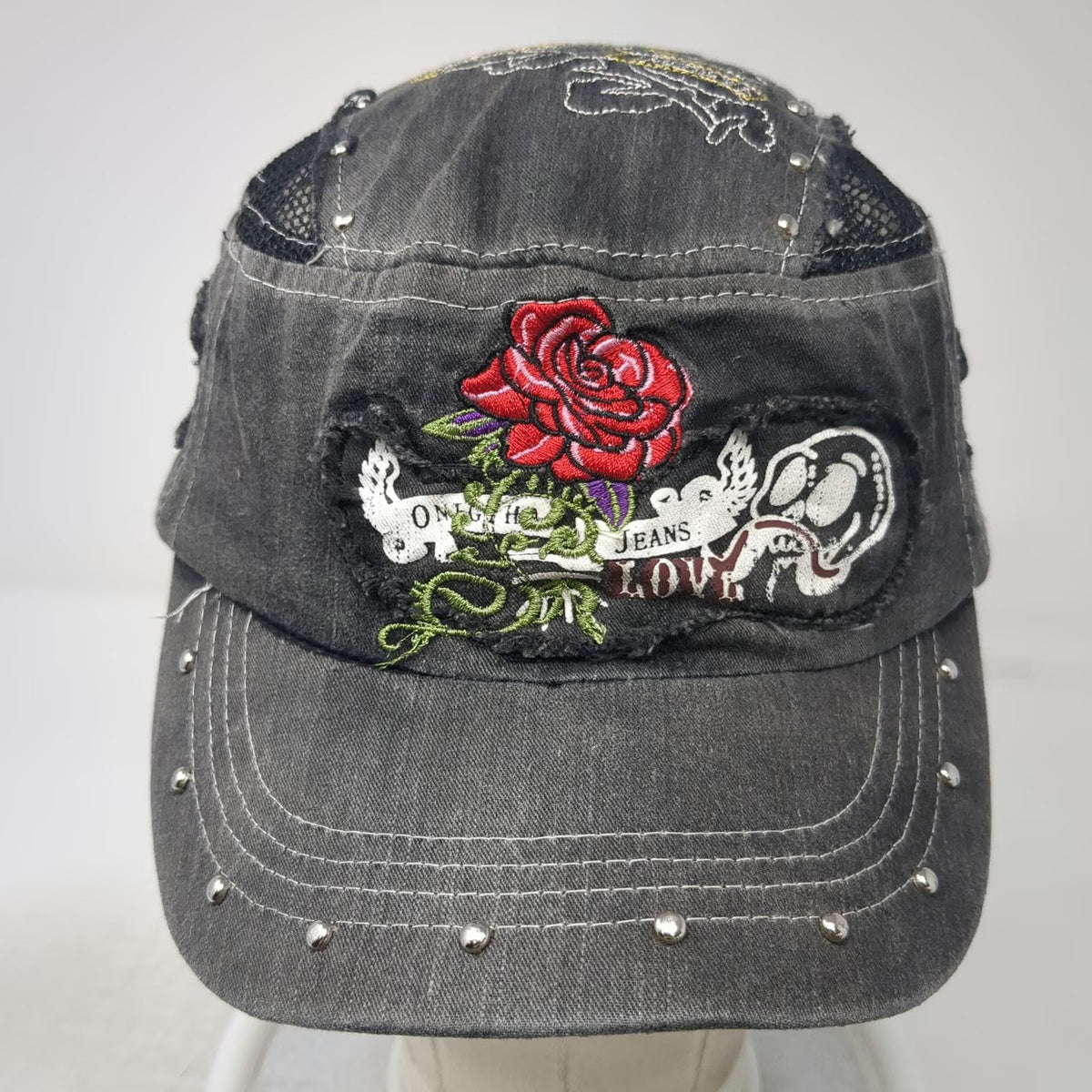 One Hand Jeans Army Cap Gray One Size Hat Mesh Distressed Rose Skull Slideback