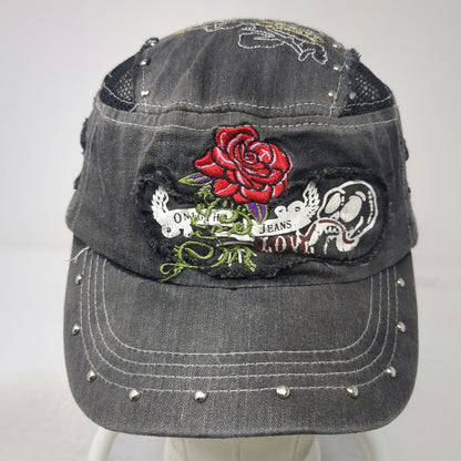 One Hand Jeans Army Cap Gray One Size Hat Mesh Distressed Rose Skull Slideback