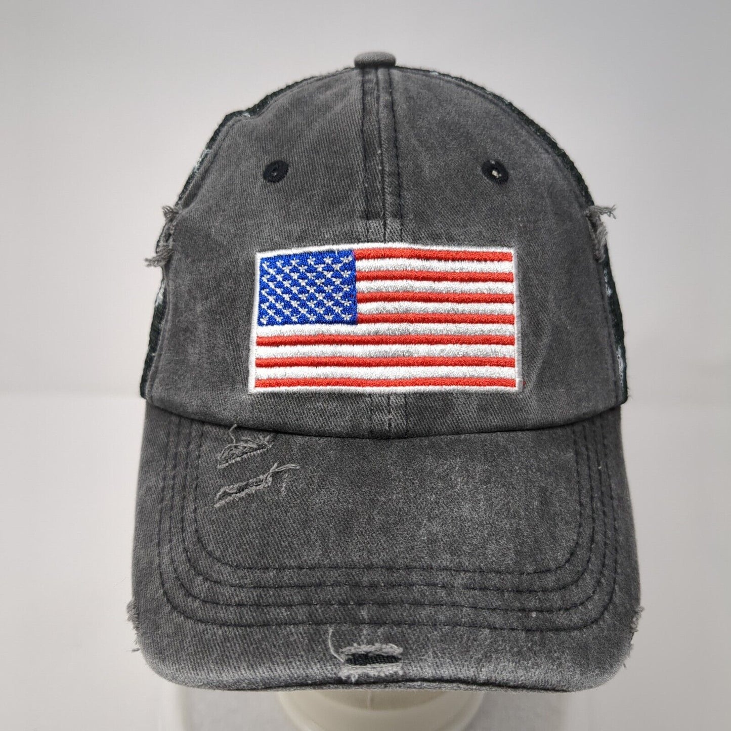 USA Flag Strapback Trucker Hat Gray One Size Distressed Patriotic Mesh Back