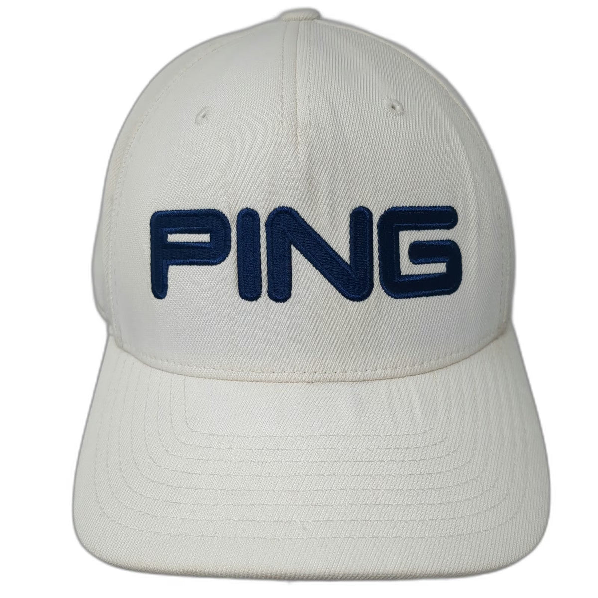 PING 5 Panel Hat White XL Embroidered Logo Stretch Fit Nylon Blend Golf Cap