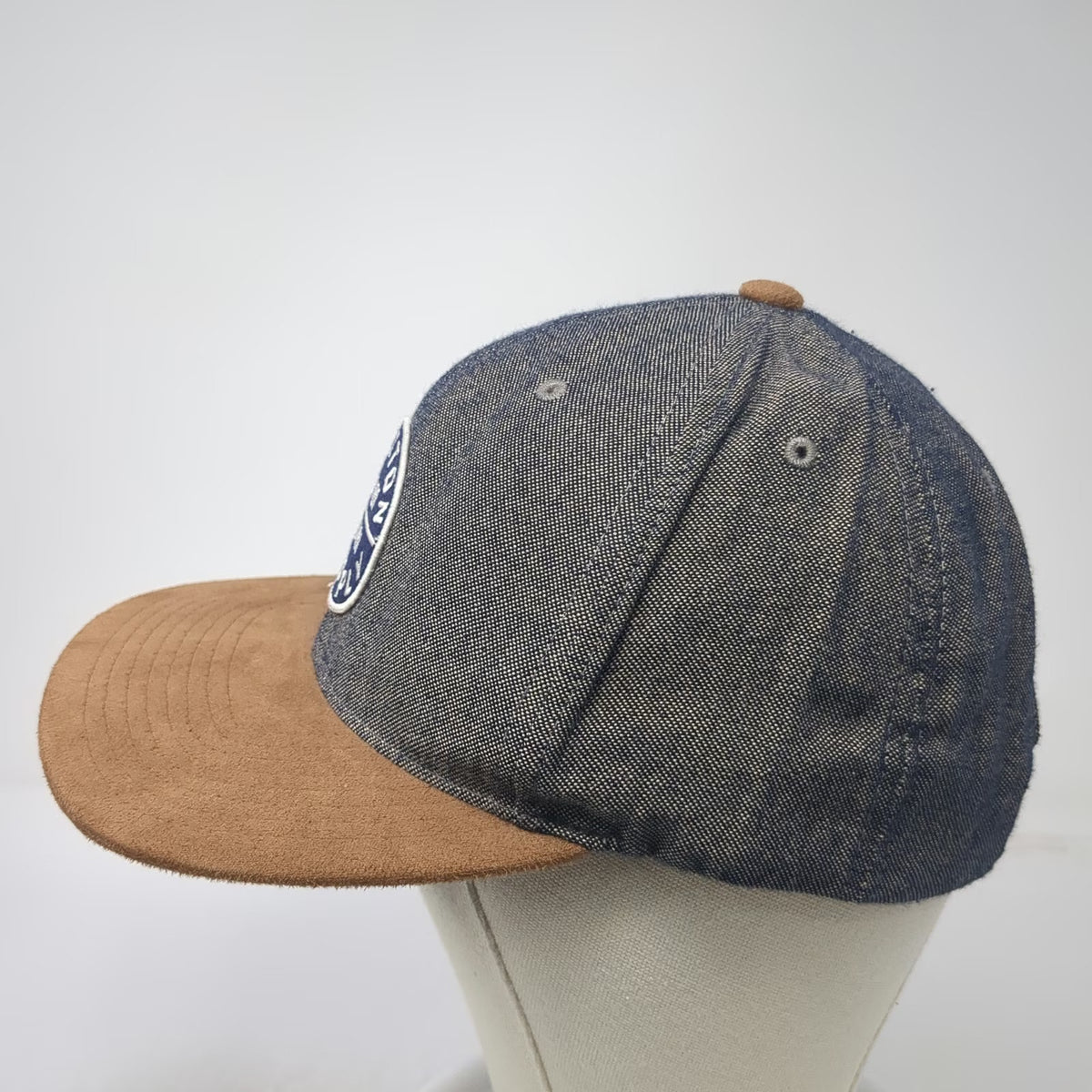 Brixton Snapback Hat Blue Brown One Size Denim Suede Flat Brim Logo Patch