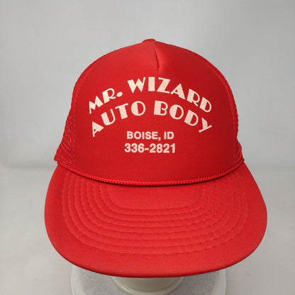 Mr. Wizard Auto Body Snapback Trucker Hat Red OSFA Adjustable Mesh Back Nissin
