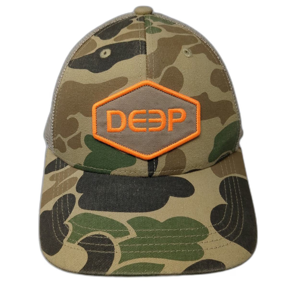 DEEP Trucker Hat Green Camo Snapback One Size Mesh Orange Hex Patch Embroidery