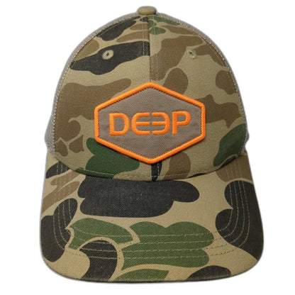 DEEP Trucker Hat Green Camo Snapback One Size Mesh Orange Hex Patch Embroidery
