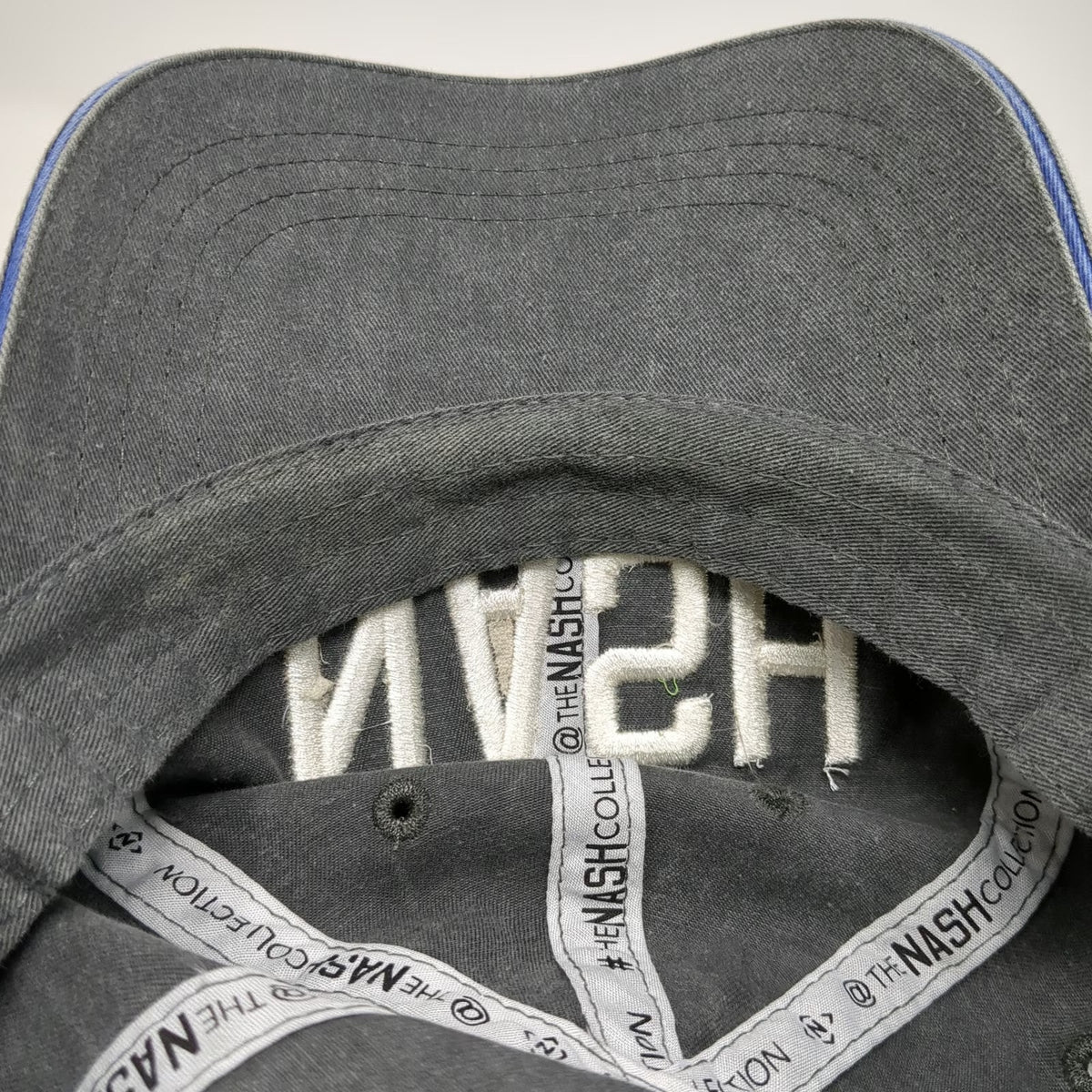The Nash Collection Gray White Blue OSFM Baseball Cap NASH Logo Slideback Hat