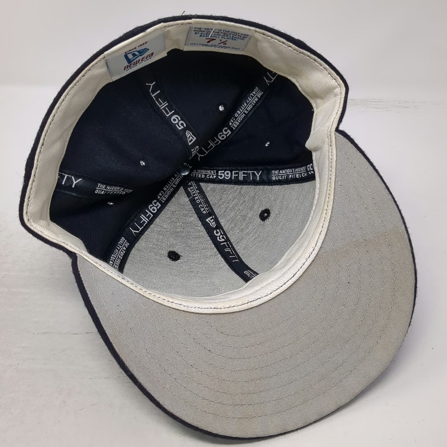 New Era Baseball Cap Blue 7 1/8 Fitted Wool Old English M 59FIFTY Hat Grey Brim