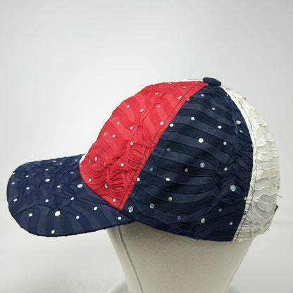 SomethingSpecial Baseball Cap Blue White Red One Size Rhinestone Ruffled Hat