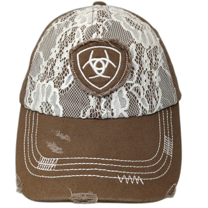 Ariat Baseball Cap Brown One Size Lace Floral Logo Strapback Contrast Stitch Hat