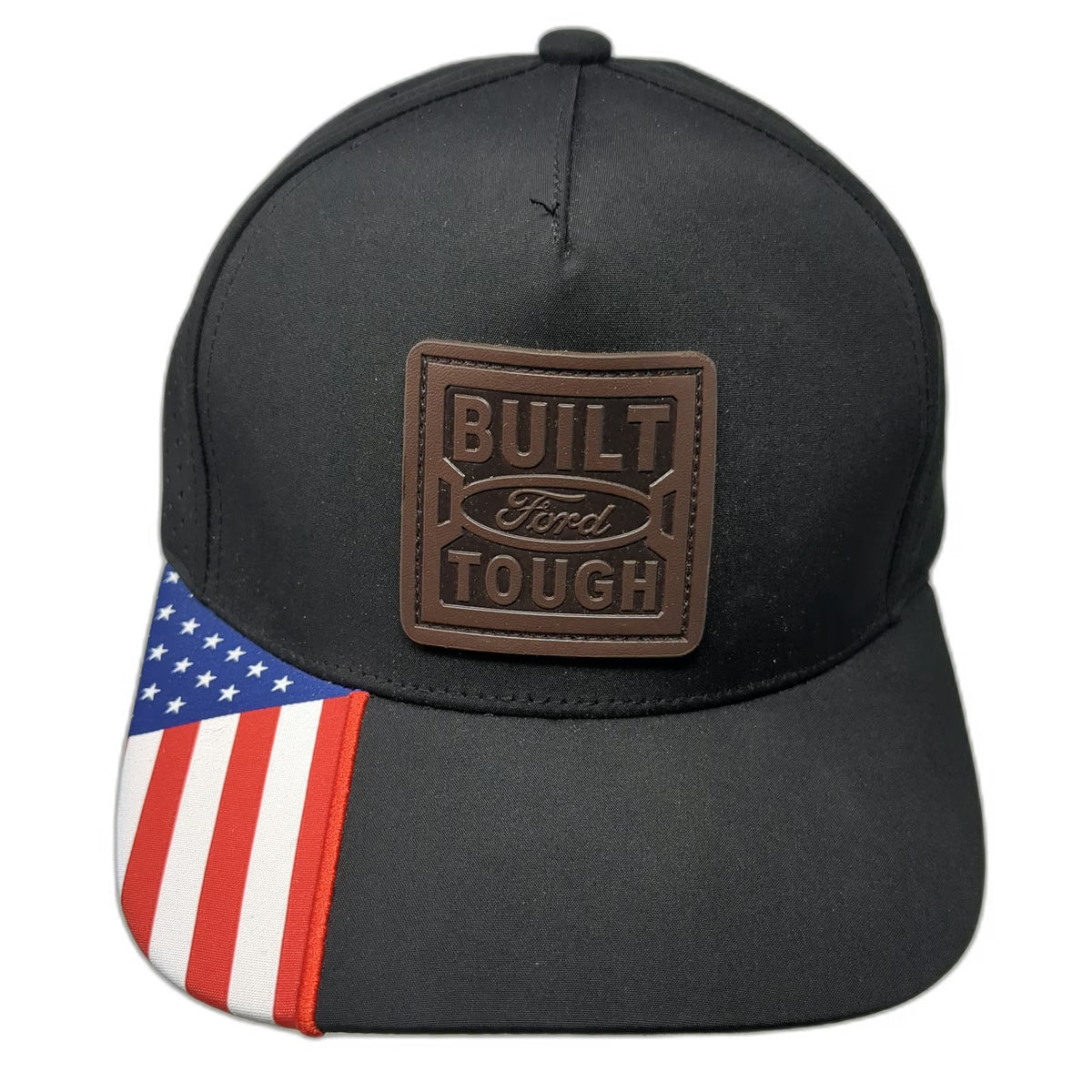 Ford 5 Panel Black Hat One Size Snapback Built Ford Tough USA Flag Perforated