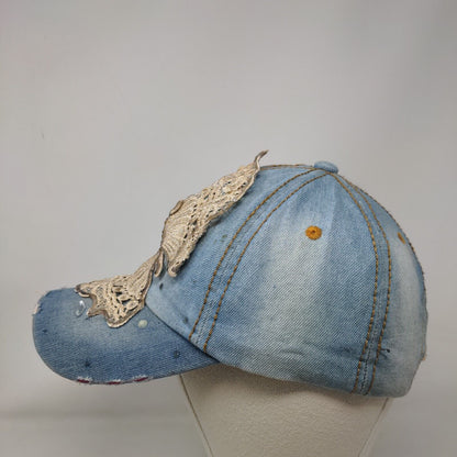 Butterfly Slideback Hat Blue One Size Lace Trim Beaded 6 Panel Distressed