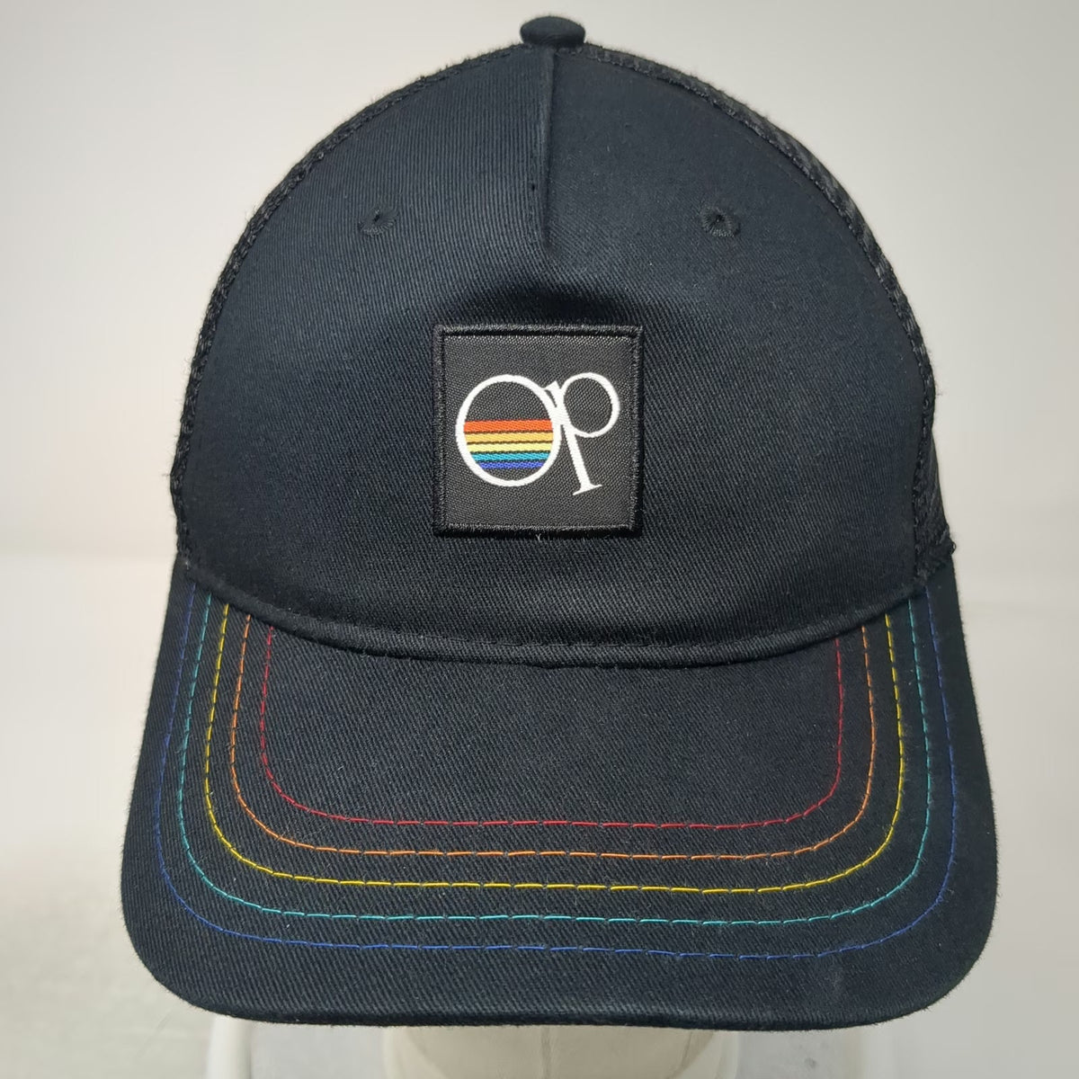 Ocean Pacific Trucker Hat Black One Size Rainbow Stitching Mesh Snapback Logo