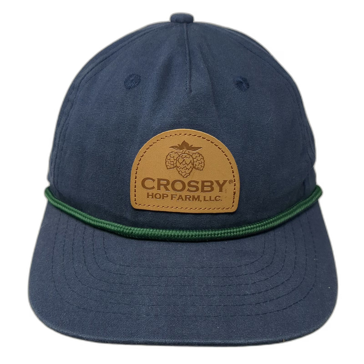 Crosby Hop Farm 5 Panel Blue One Size Hat Green Rope Leather Patch Snapback Brim