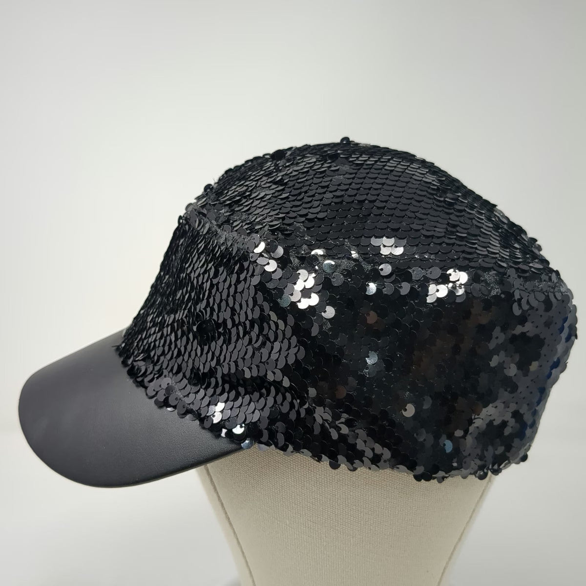 Army Cap Black One Size Sequin Faux Leather Bill Shiny Sparkle Bling Cadet Hat