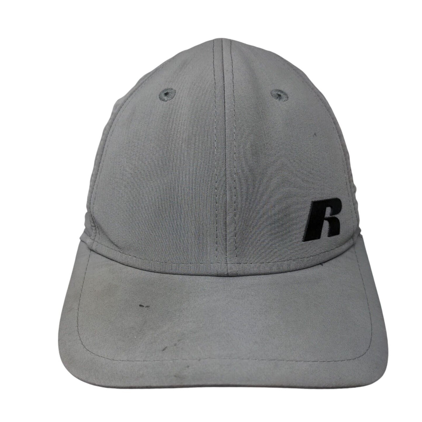 Russell Fitted Hat Gray S/M Lightweight Graphic Logo Vented Holes 6 Panel