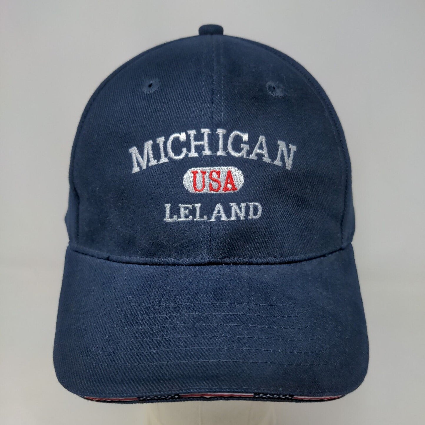 Unbranded Men's Slideback Hat Blue Embroidered Leland Michigan Logo Cotton