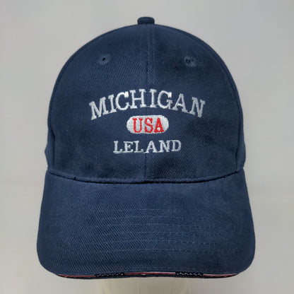 Unbranded Men's Slideback Hat Blue Embroidered Leland Michigan Logo Cotton