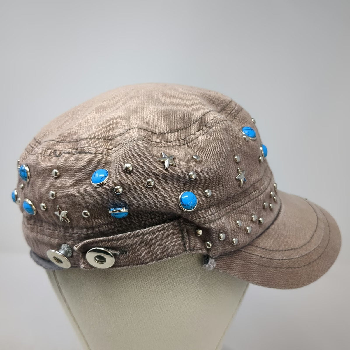 Brown Army Cap OSFM Studded Star Turquoise Embellished Cadet Cotton Hat Metal