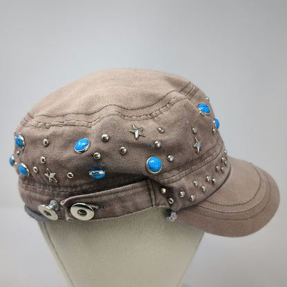 Brown Army Cap OSFM Studded Star Turquoise Embellished Cadet Cotton Hat Metal