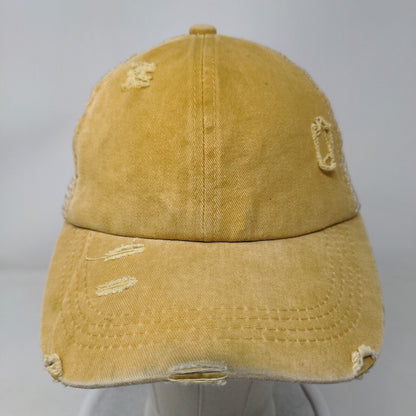 Women's Pontail Hole Strapback Mesh Back Hat Cap Tan Distressed Adjustable