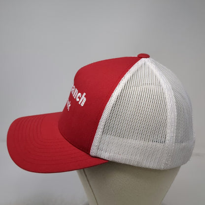 Yupoong Trucker Hat Red White OSFM Rice Ranch RV Park Mesh Snapback Curved Brim
